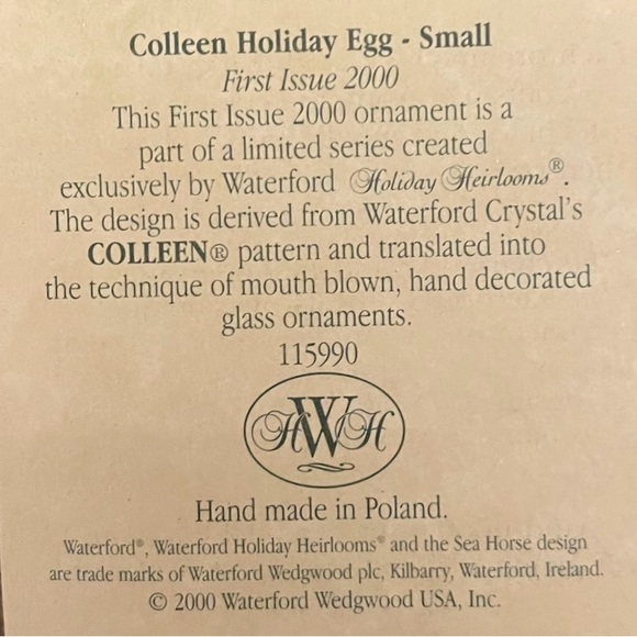 Waterford Crystal Holiday Heirloom Ornament. Colleen Egg Small 4” with papers - Picture 8 of 8